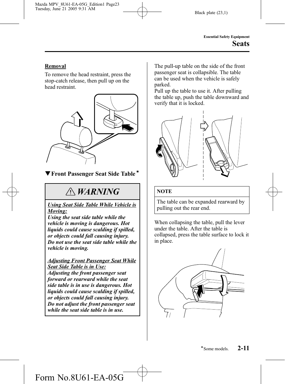 Warning, Seats | Mazda 2006 MPV User Manual | Page 23 / 364