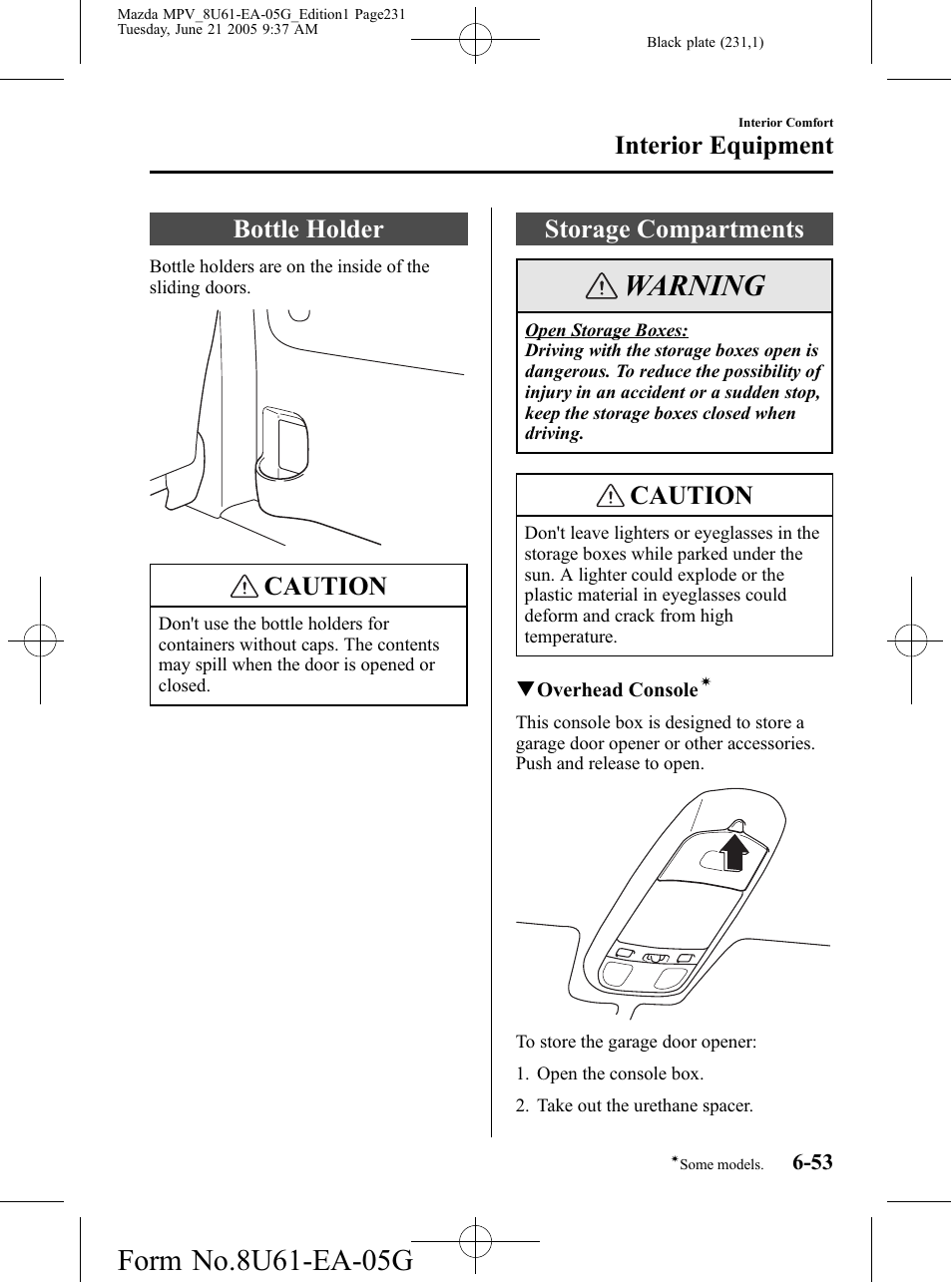 Bottle holder, Storage compartments, Bottle holder -53 storage compartments -53 | Warning, Caution, Interior equipment | Mazda 2006 MPV User Manual | Page 231 / 364