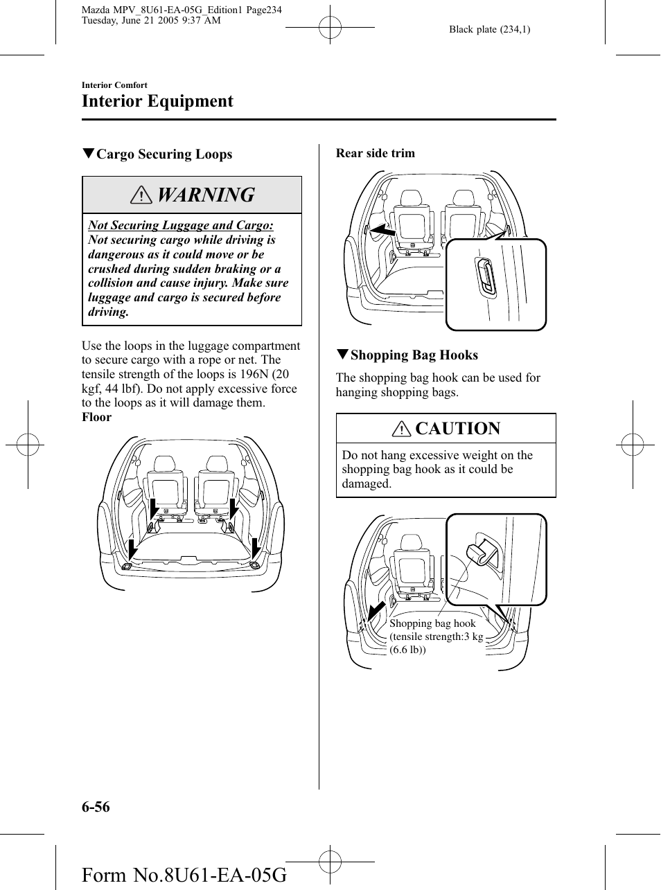 Warning, Caution, Interior equipment | Mazda 2006 MPV User Manual | Page 234 / 364