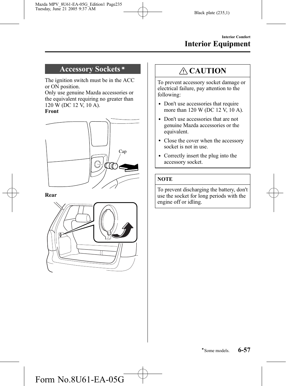 Accessory sockets, Caution, Interior equipment | Mazda 2006 MPV User Manual | Page 235 / 364