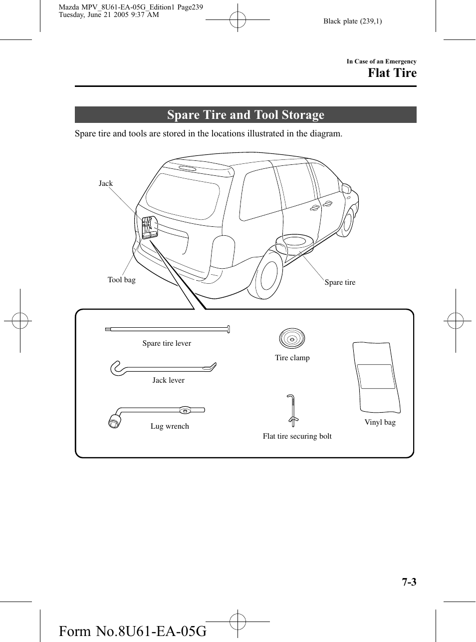 Flat tire, Spare tire and tool storage, Flat tire -3 | Spare tire and tool storage -3 | Mazda 2006 MPV User Manual | Page 239 / 364