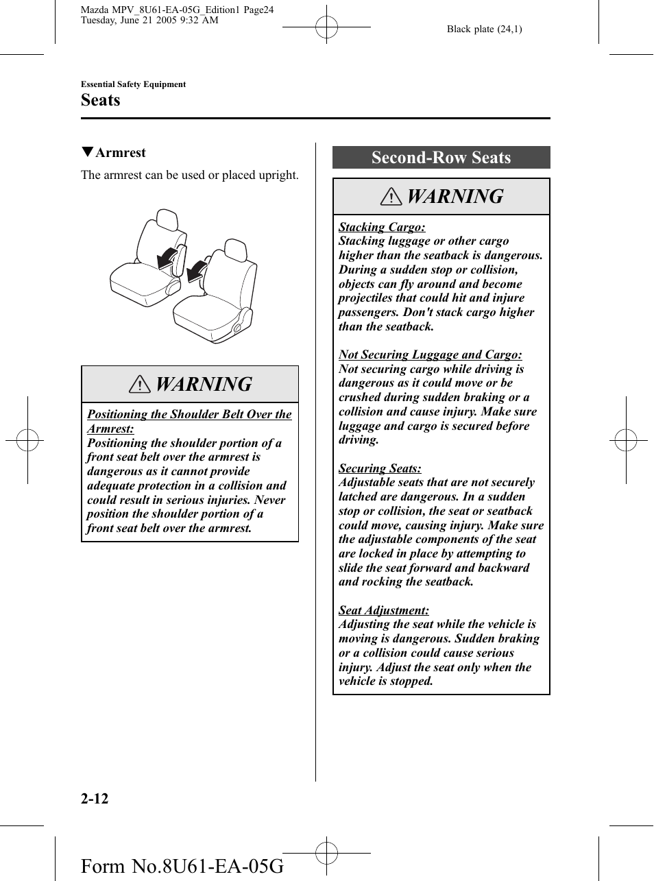 Second-row seats, Second-row seats -12, Warning | Seats | Mazda 2006 MPV User Manual | Page 24 / 364