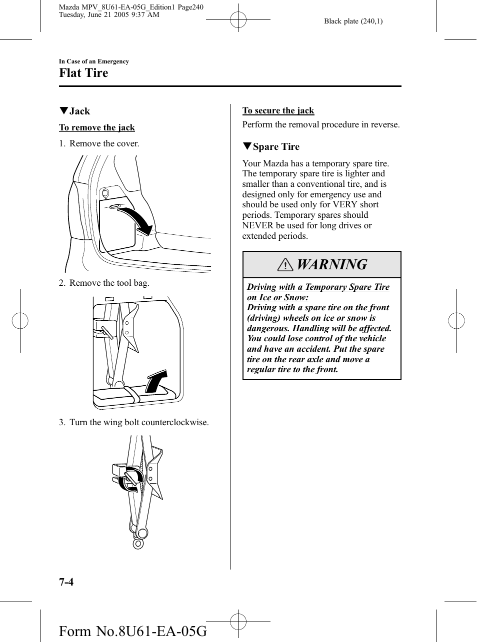 Warning, Flat tire | Mazda 2006 MPV User Manual | Page 240 / 364