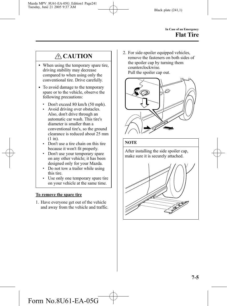 Caution, Flat tire | Mazda 2006 MPV User Manual | Page 241 / 364