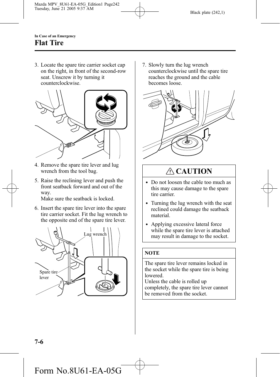 Caution, Flat tire | Mazda 2006 MPV User Manual | Page 242 / 364