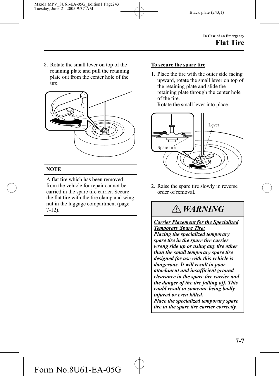 Warning, Flat tire | Mazda 2006 MPV User Manual | Page 243 / 364