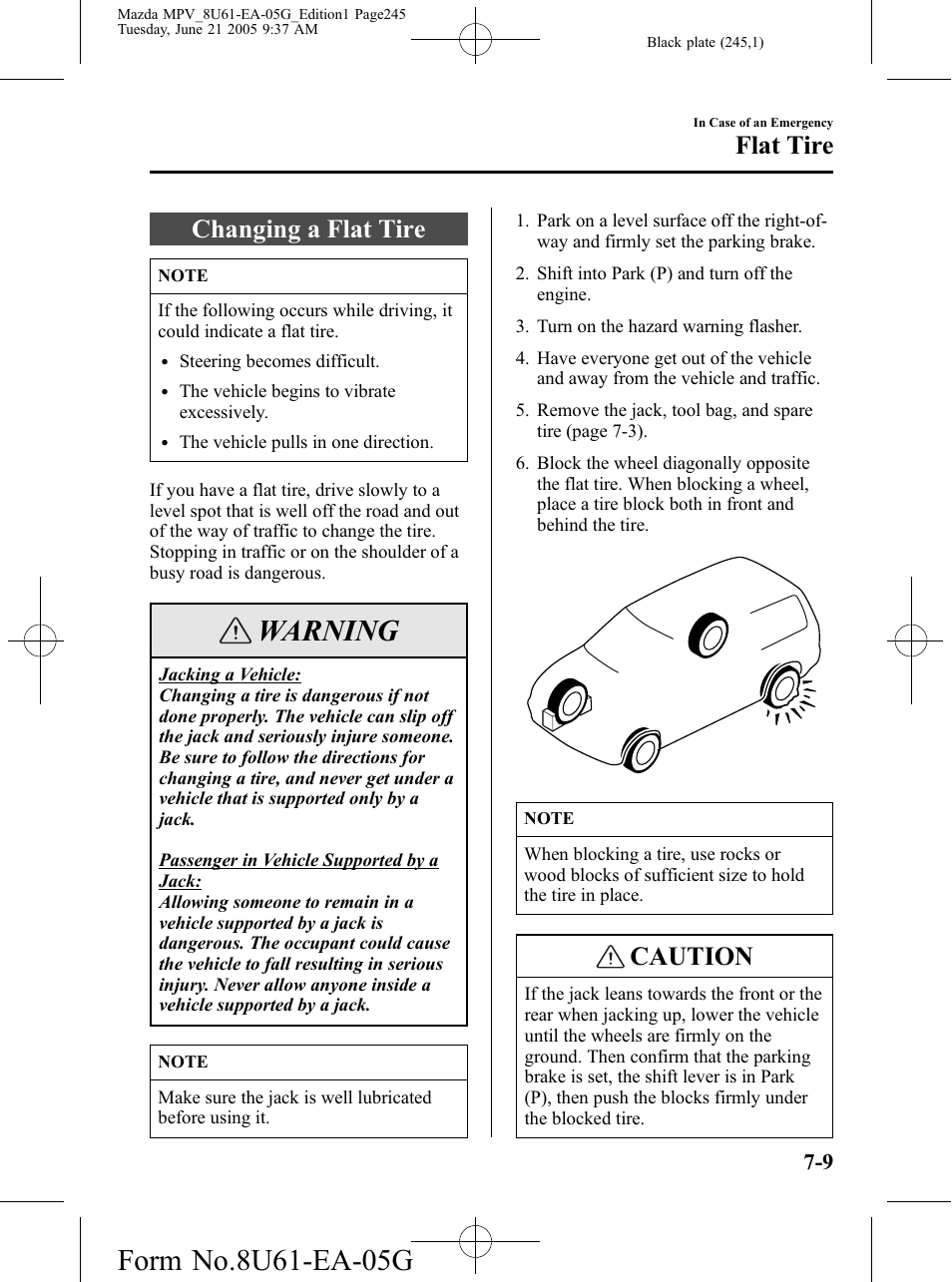 Changing a flat tire, Changing a flat tire -9, Warning | Caution, Flat tire | Mazda 2006 MPV User Manual | Page 245 / 364