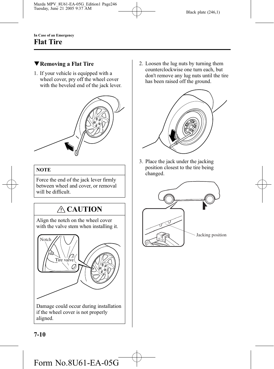 Caution, Flat tire | Mazda 2006 MPV User Manual | Page 246 / 364