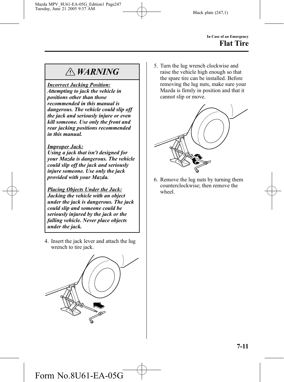 Warning, Flat tire | Mazda 2006 MPV User Manual | Page 247 / 364