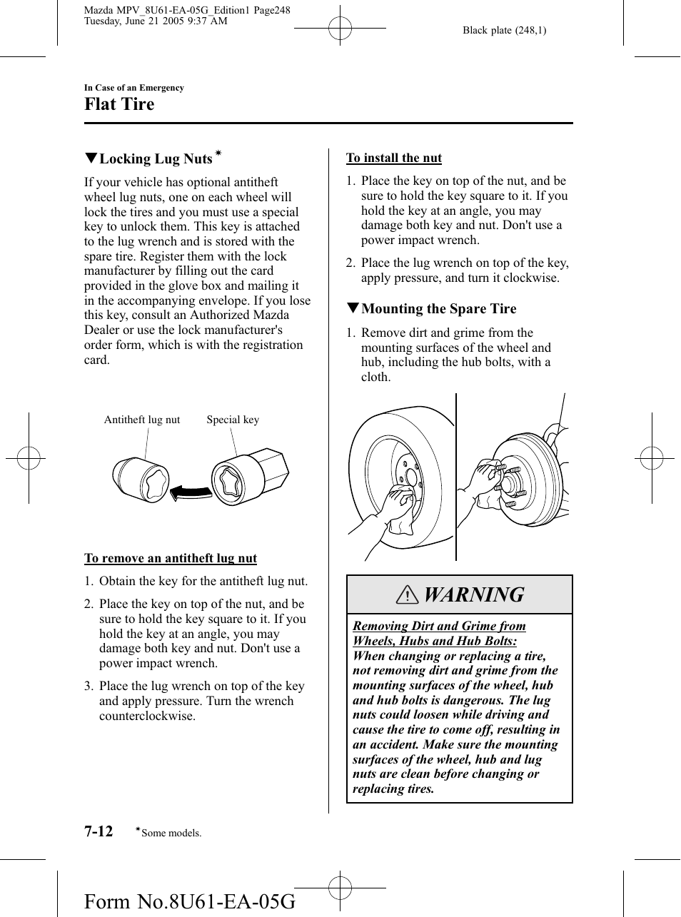 Warning, Flat tire | Mazda 2006 MPV User Manual | Page 248 / 364