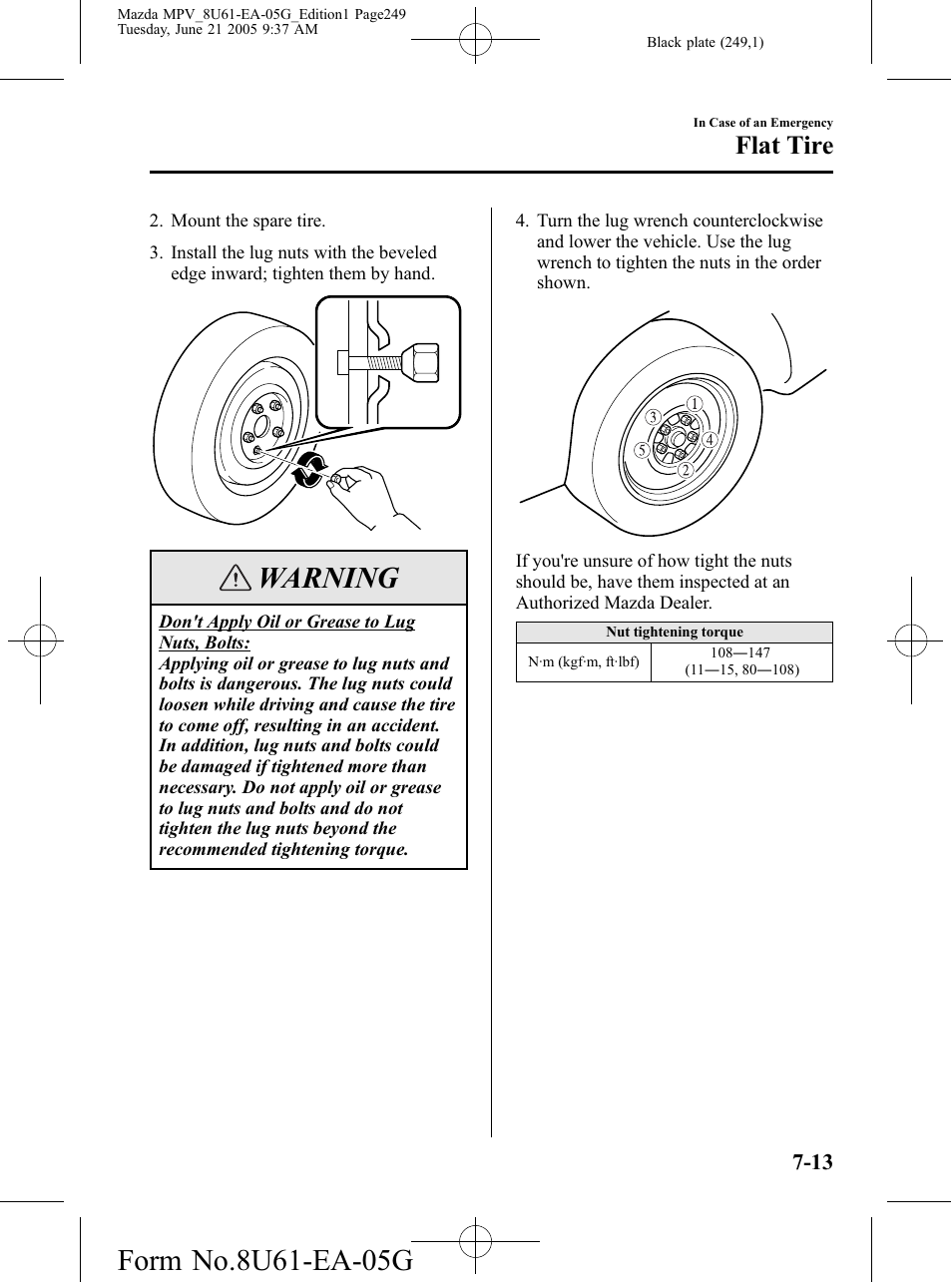 Warning, Flat tire | Mazda 2006 MPV User Manual | Page 249 / 364