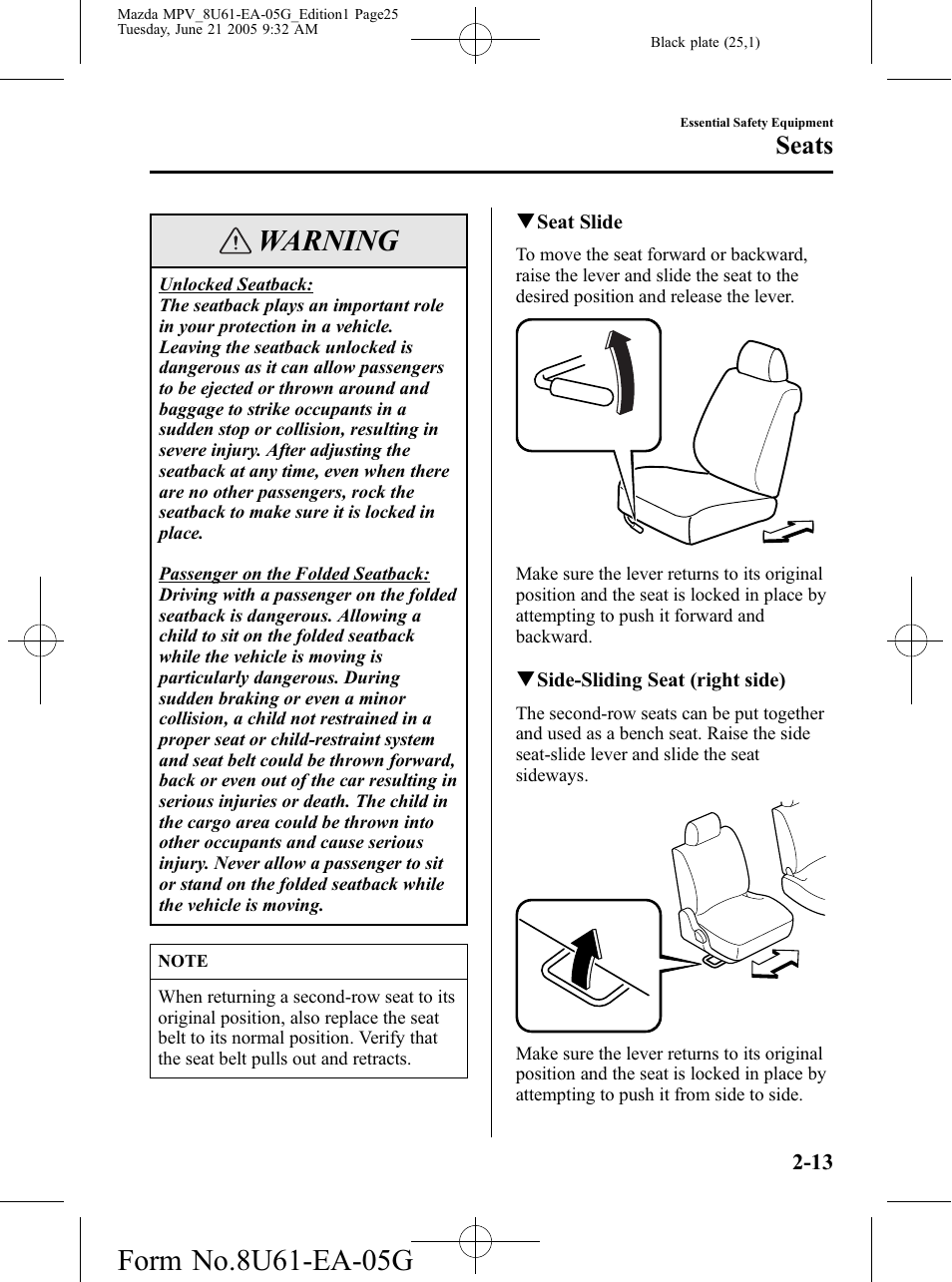 Warning, Seats | Mazda 2006 MPV User Manual | Page 25 / 364