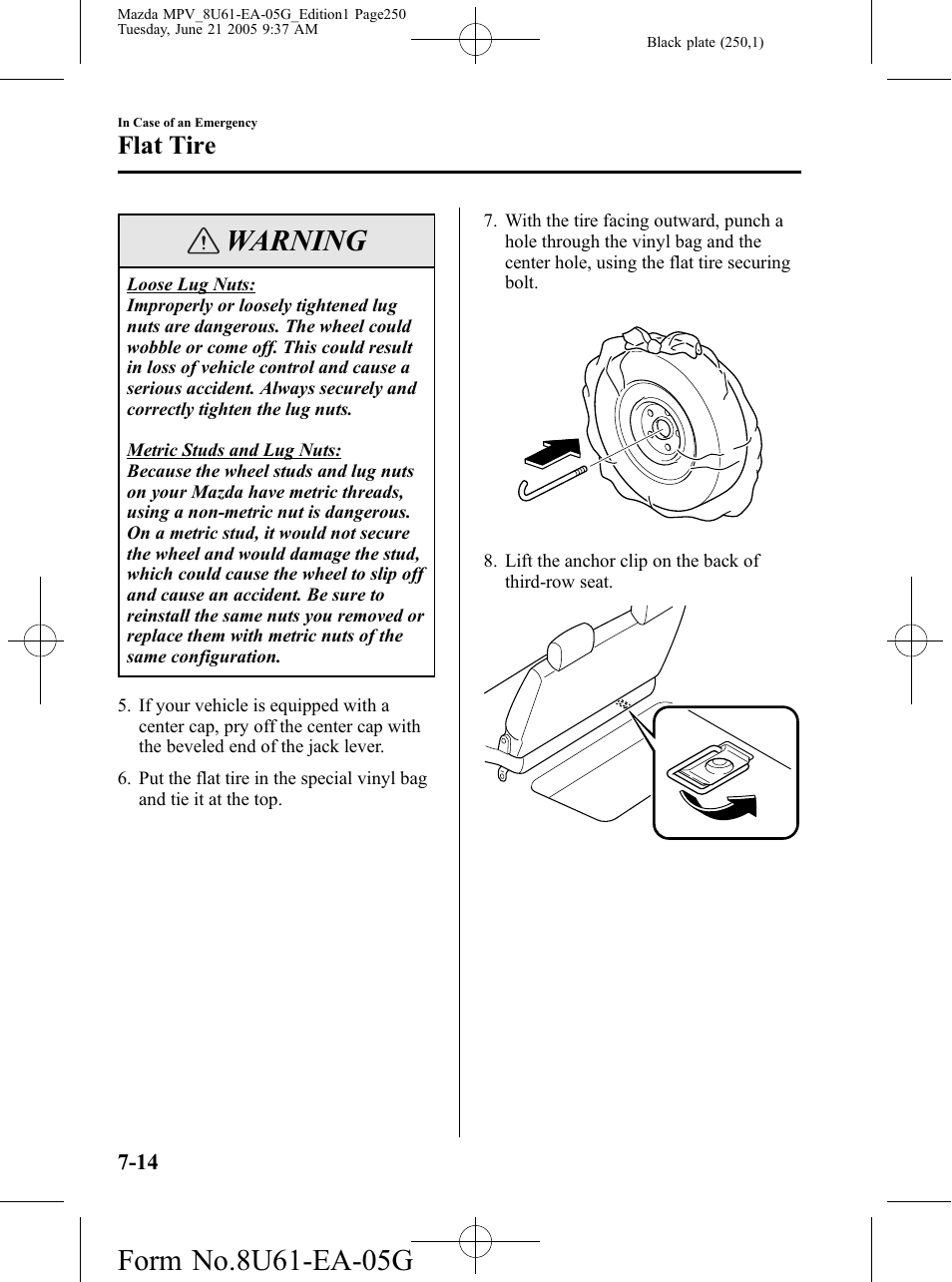 Warning, Flat tire | Mazda 2006 MPV User Manual | Page 250 / 364