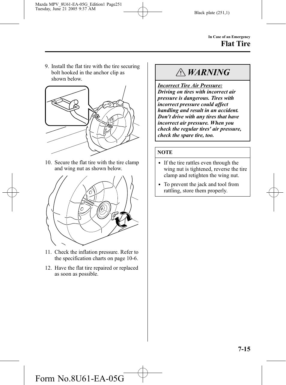 Warning, Flat tire | Mazda 2006 MPV User Manual | Page 251 / 364