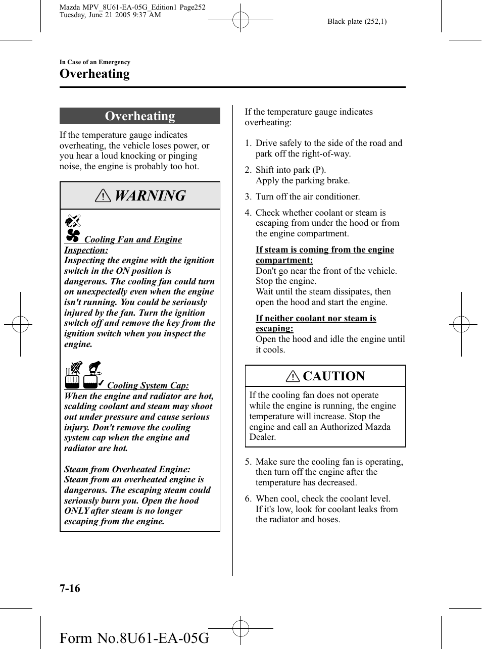 Overheating, Overheating -16, Warning | Caution | Mazda 2006 MPV User Manual | Page 252 / 364