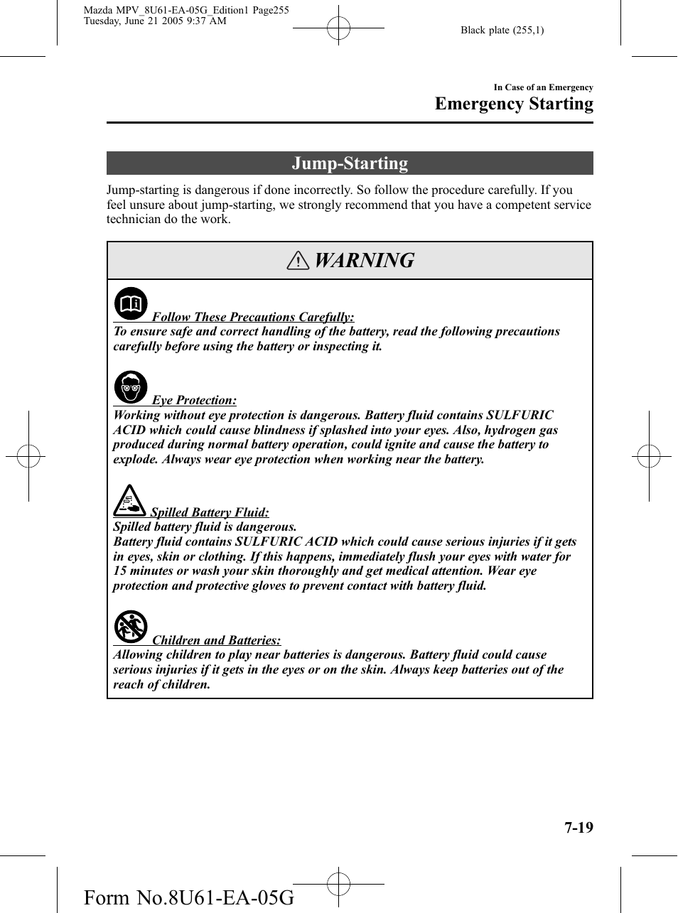 Jump-starting, Jump-starting -19, Warning | Emergency starting | Mazda 2006 MPV User Manual | Page 255 / 364