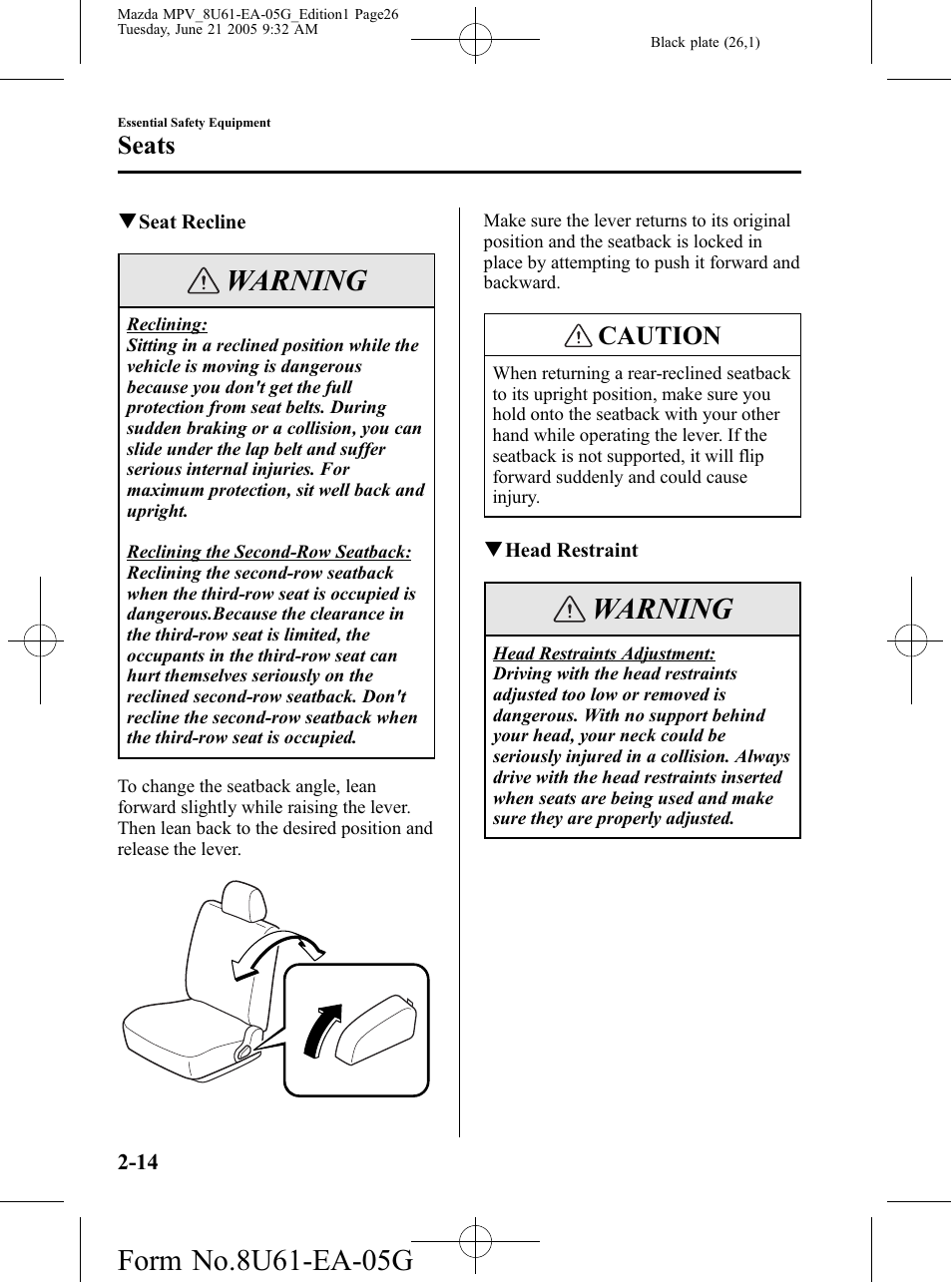 Warning, Caution, Seats | Mazda 2006 MPV User Manual | Page 26 / 364