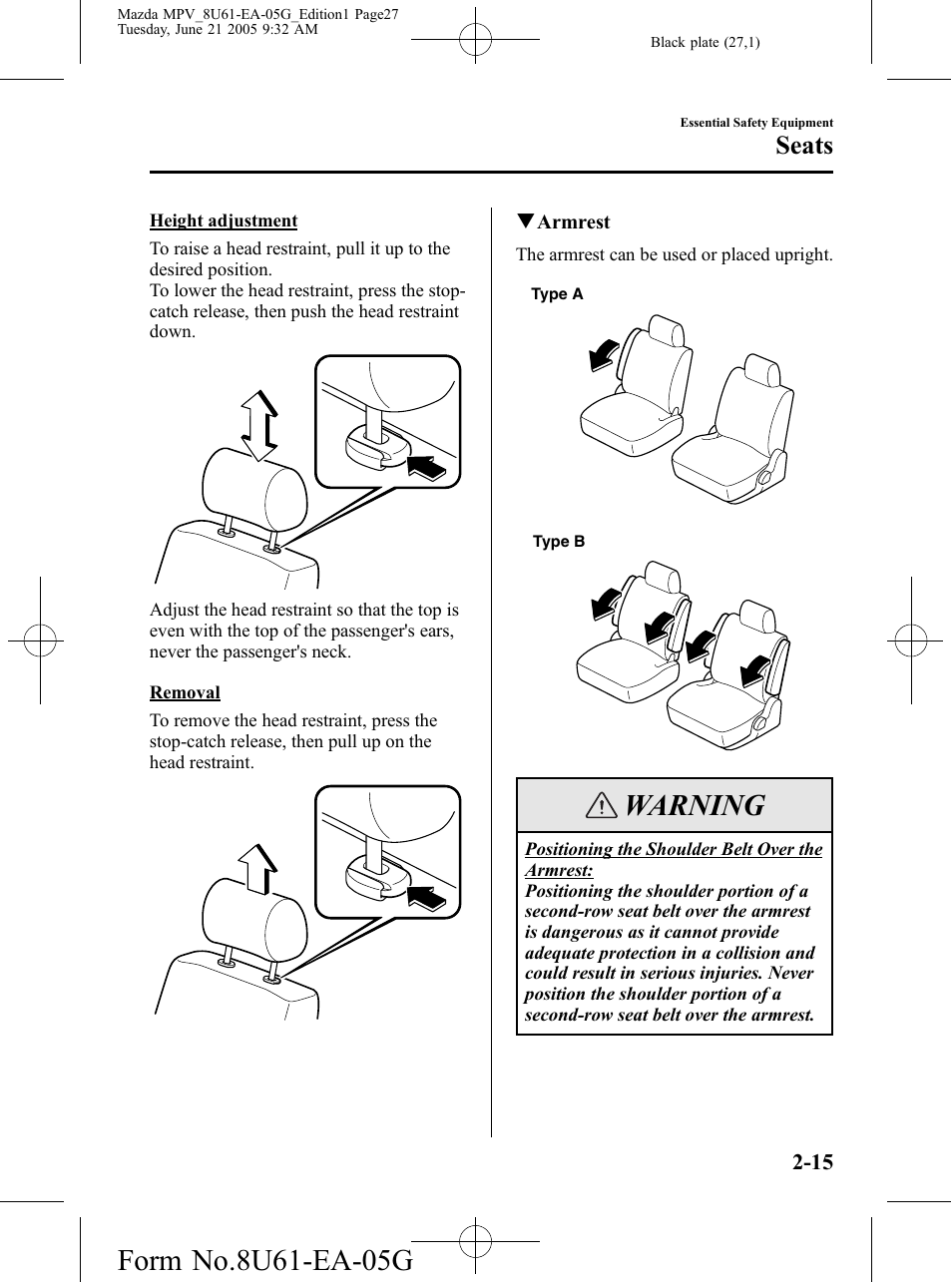 Warning, Seats | Mazda 2006 MPV User Manual | Page 27 / 364