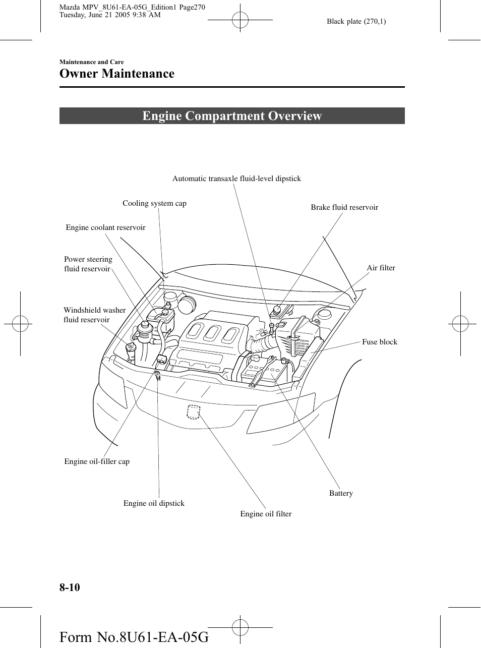 Engine compartment overview, Engine compartment overview -10, Owner maintenance | Mazda 2006 MPV User Manual | Page 270 / 364