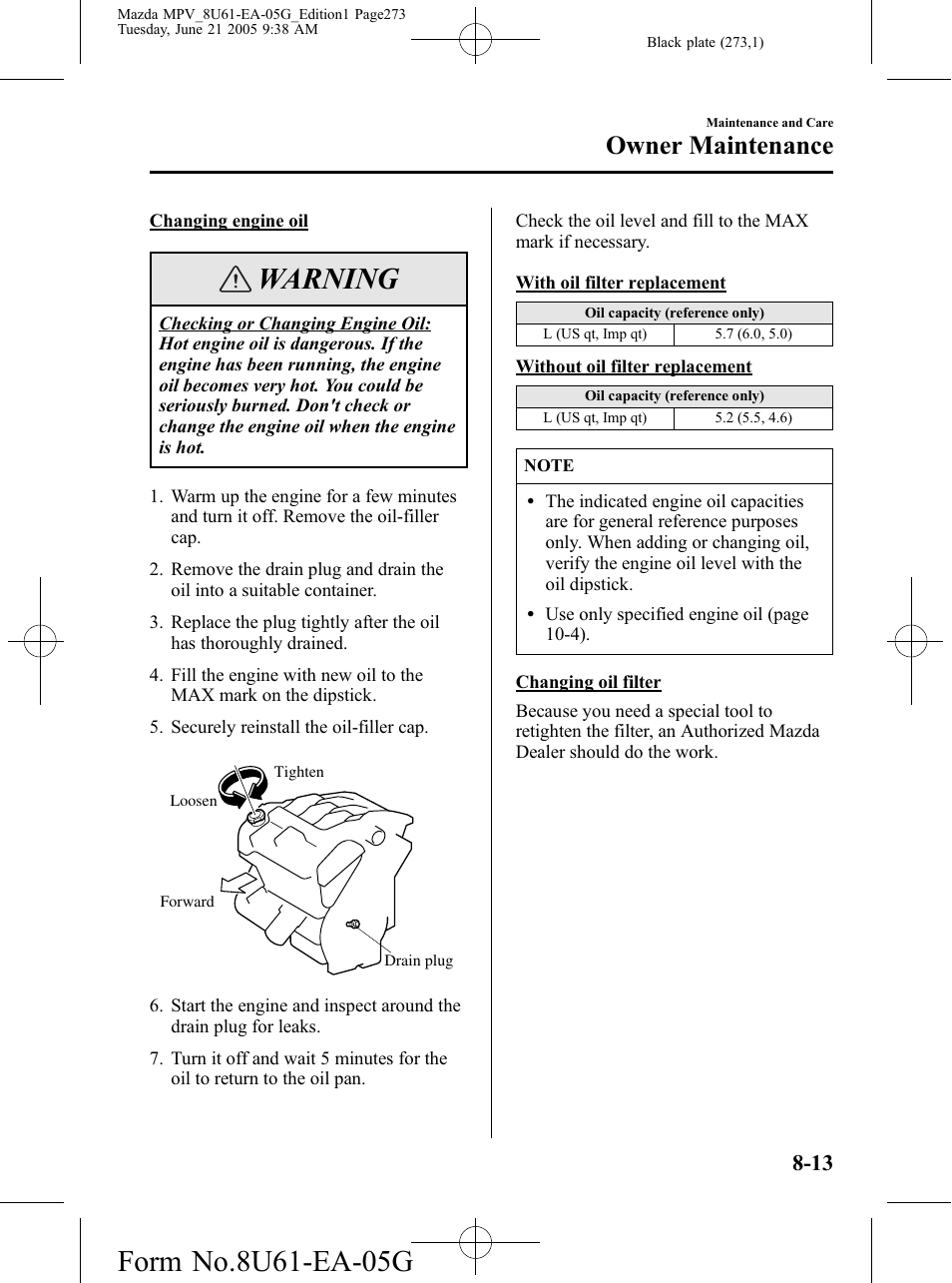 Warning, Owner maintenance | Mazda 2006 MPV User Manual | Page 273 / 364
