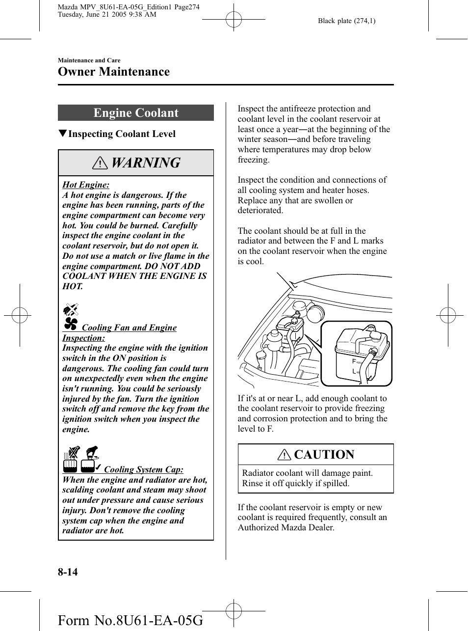 Engine coolant, Engine coolant -14, Warning | Caution, Owner maintenance | Mazda 2006 MPV User Manual | Page 274 / 364