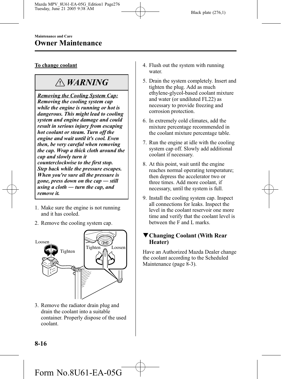 Warning, Owner maintenance | Mazda 2006 MPV User Manual | Page 276 / 364