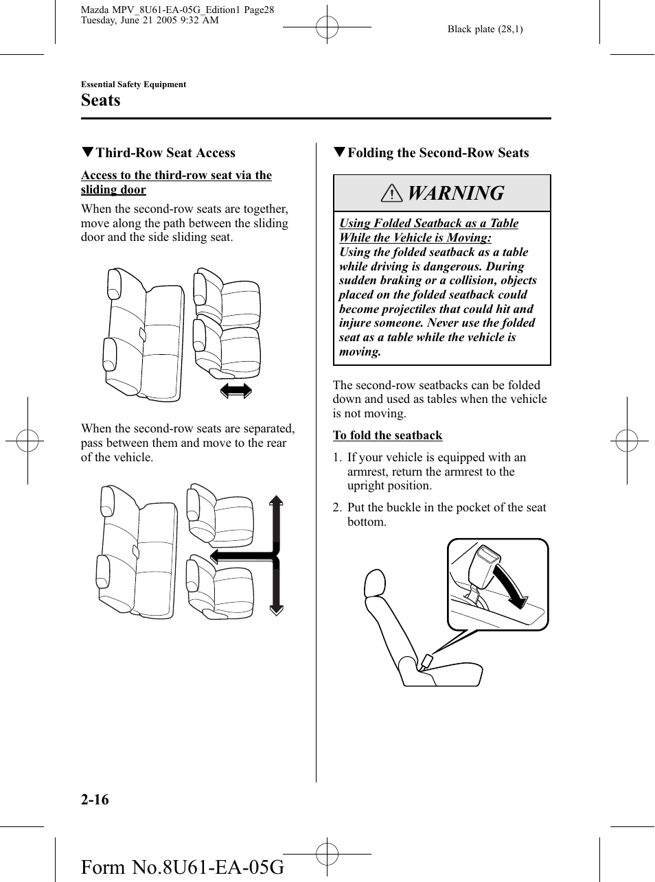 Warning, Seats | Mazda 2006 MPV User Manual | Page 28 / 364