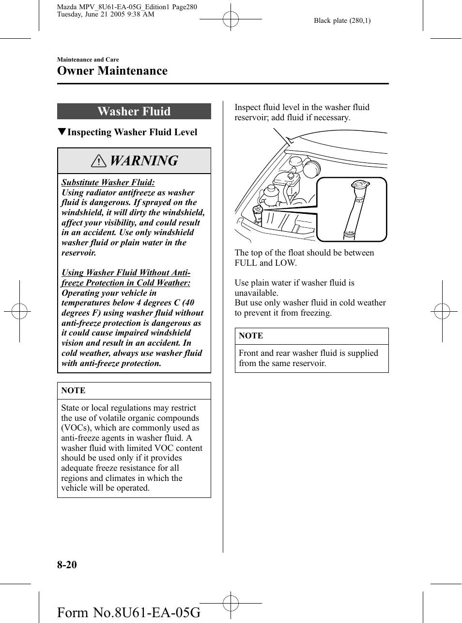 Washer fluid, Washer fluid -20, Warning | Owner maintenance | Mazda 2006 MPV User Manual | Page 280 / 364