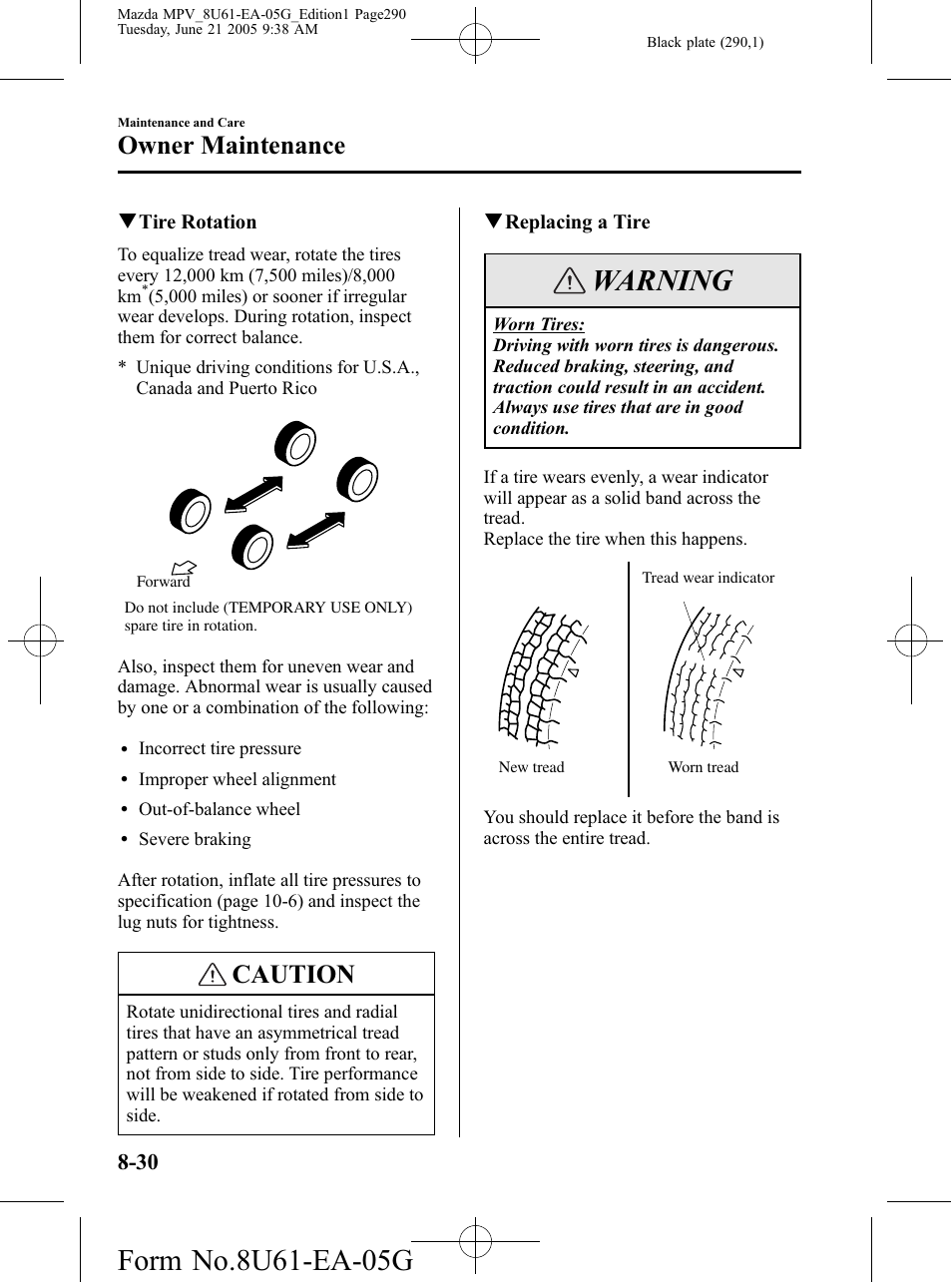 Warning, Caution, Owner maintenance | Mazda 2006 MPV User Manual | Page 290 / 364
