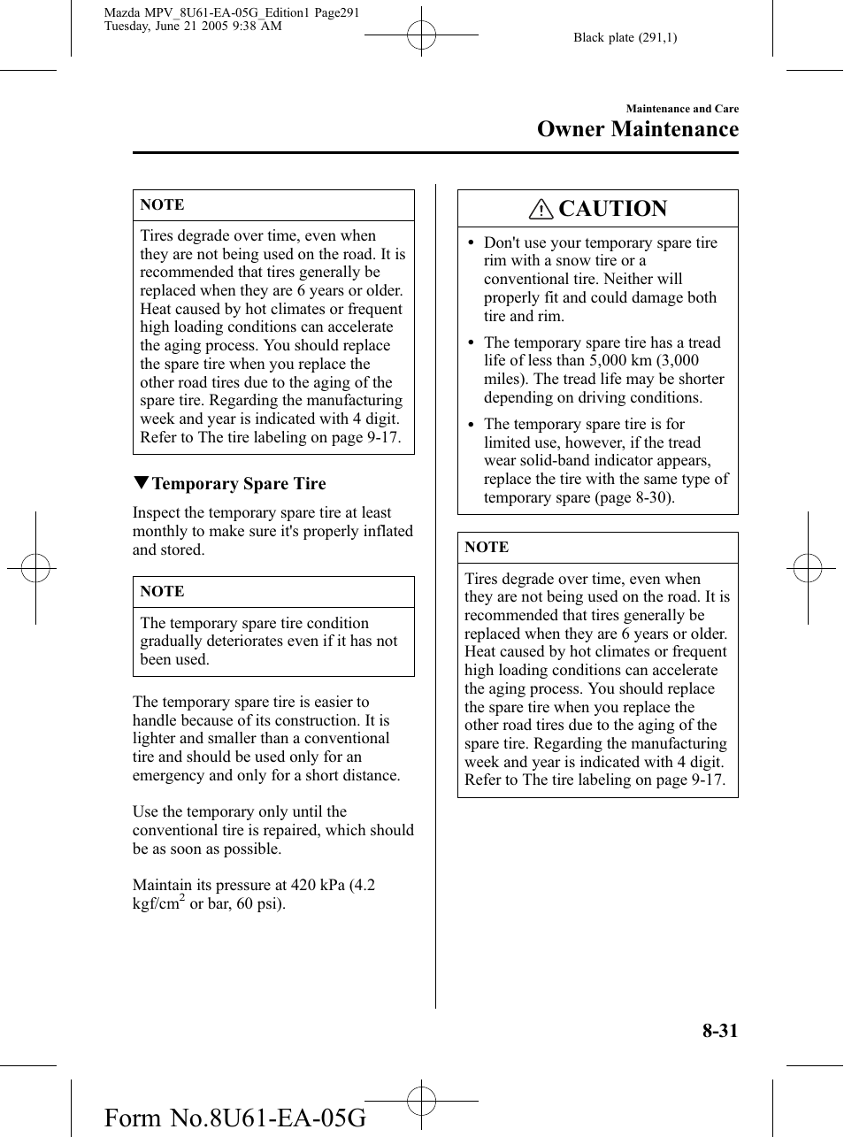 Caution, Owner maintenance | Mazda 2006 MPV User Manual | Page 291 / 364