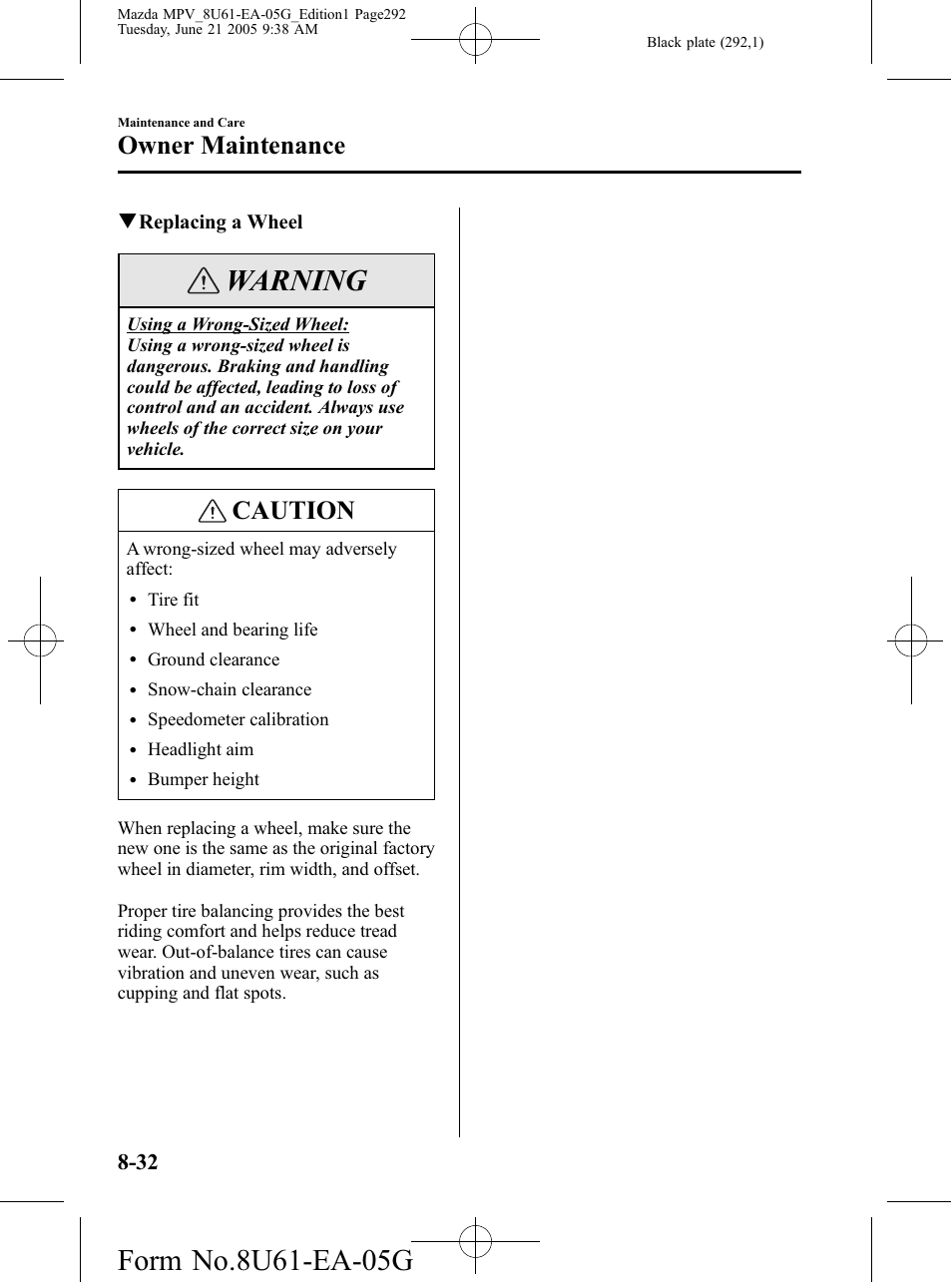 Warning, Caution, Owner maintenance | Mazda 2006 MPV User Manual | Page 292 / 364