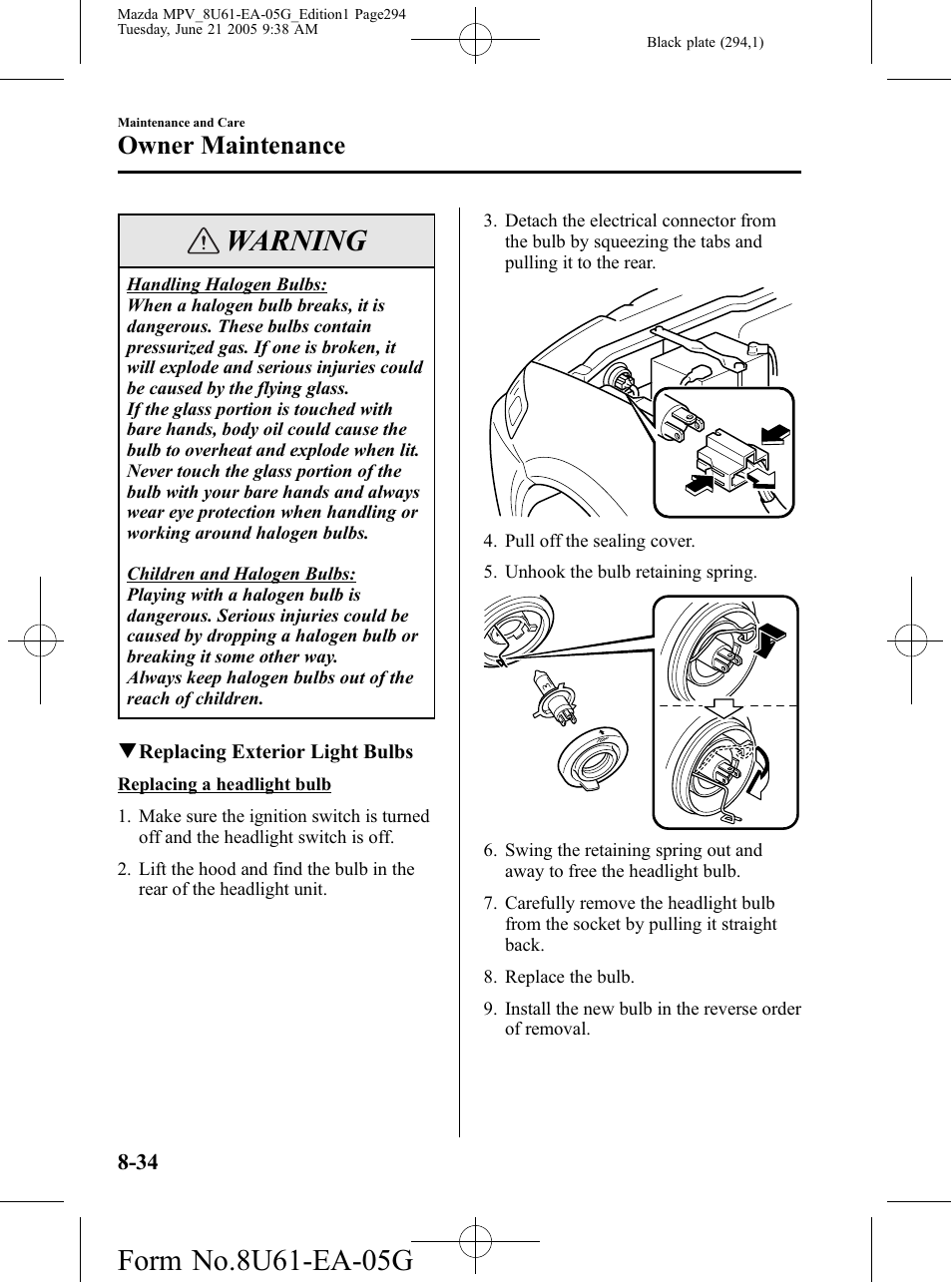 Warning, Owner maintenance | Mazda 2006 MPV User Manual | Page 294 / 364