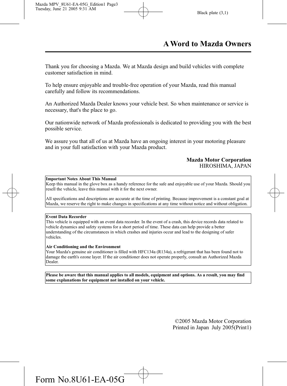 A word to mazda owners, No m-title | Mazda 2006 MPV User Manual | Page 3 / 364
