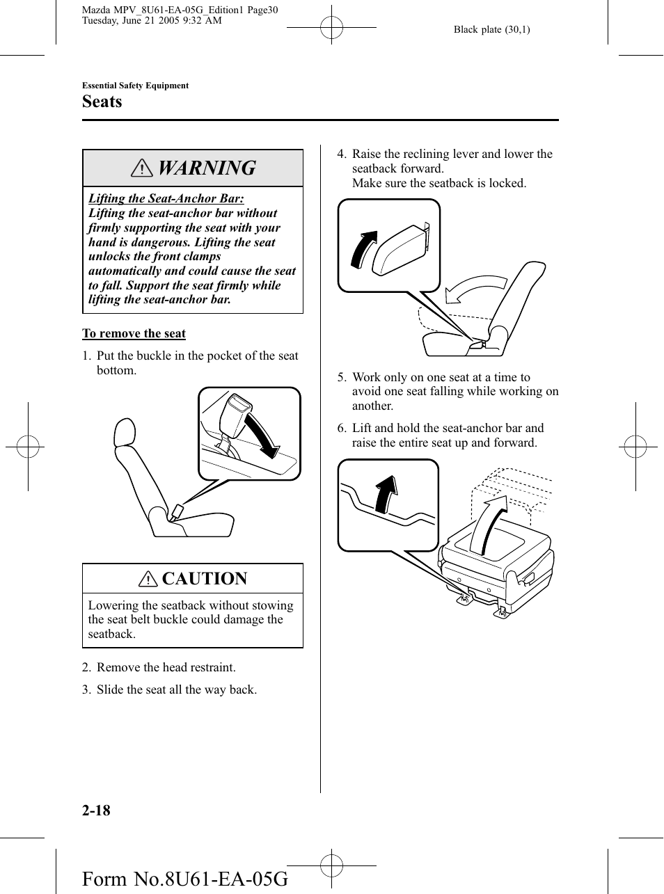 Warning, Caution, Seats | Mazda 2006 MPV User Manual | Page 30 / 364