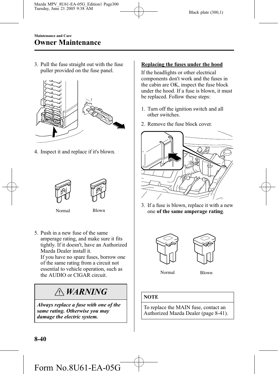 Warning, Owner maintenance | Mazda 2006 MPV User Manual | Page 300 / 364