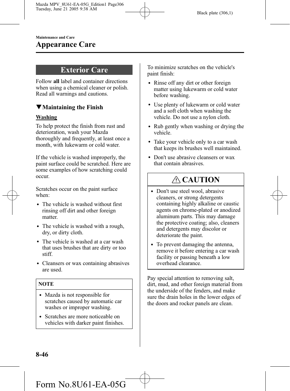 Exterior care, Exterior care -46, Caution | Appearance care, Qmaintaining the finish | Mazda 2006 MPV User Manual | Page 306 / 364