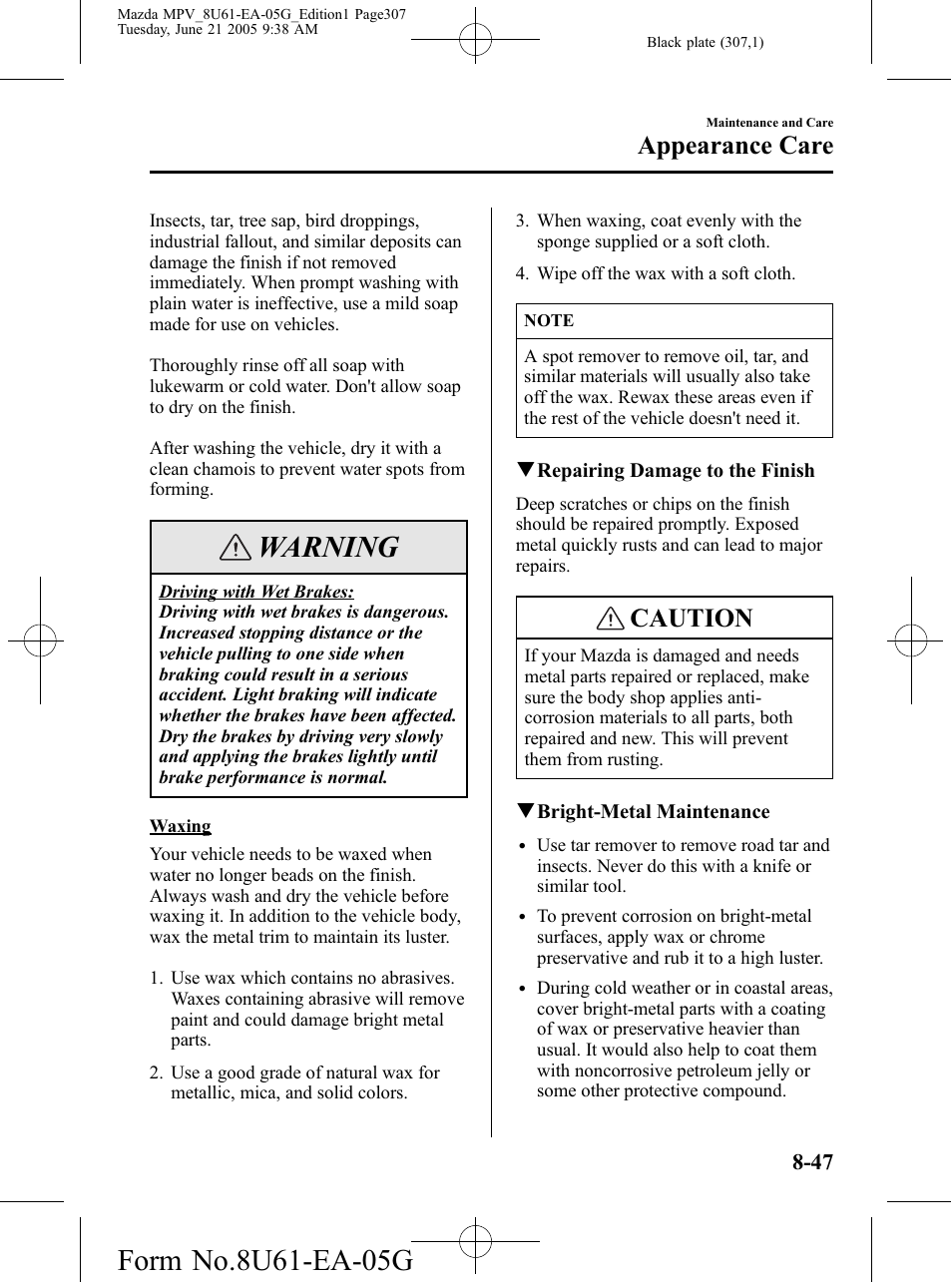 Warning, Caution, Appearance care | Mazda 2006 MPV User Manual | Page 307 / 364