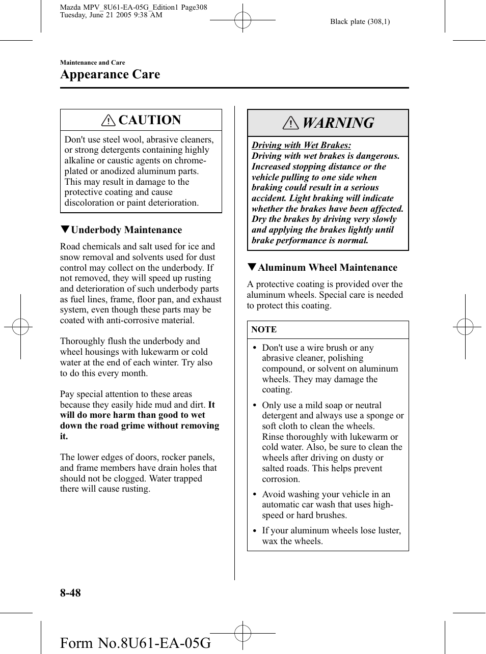 Warning, Caution, Appearance care | Mazda 2006 MPV User Manual | Page 308 / 364