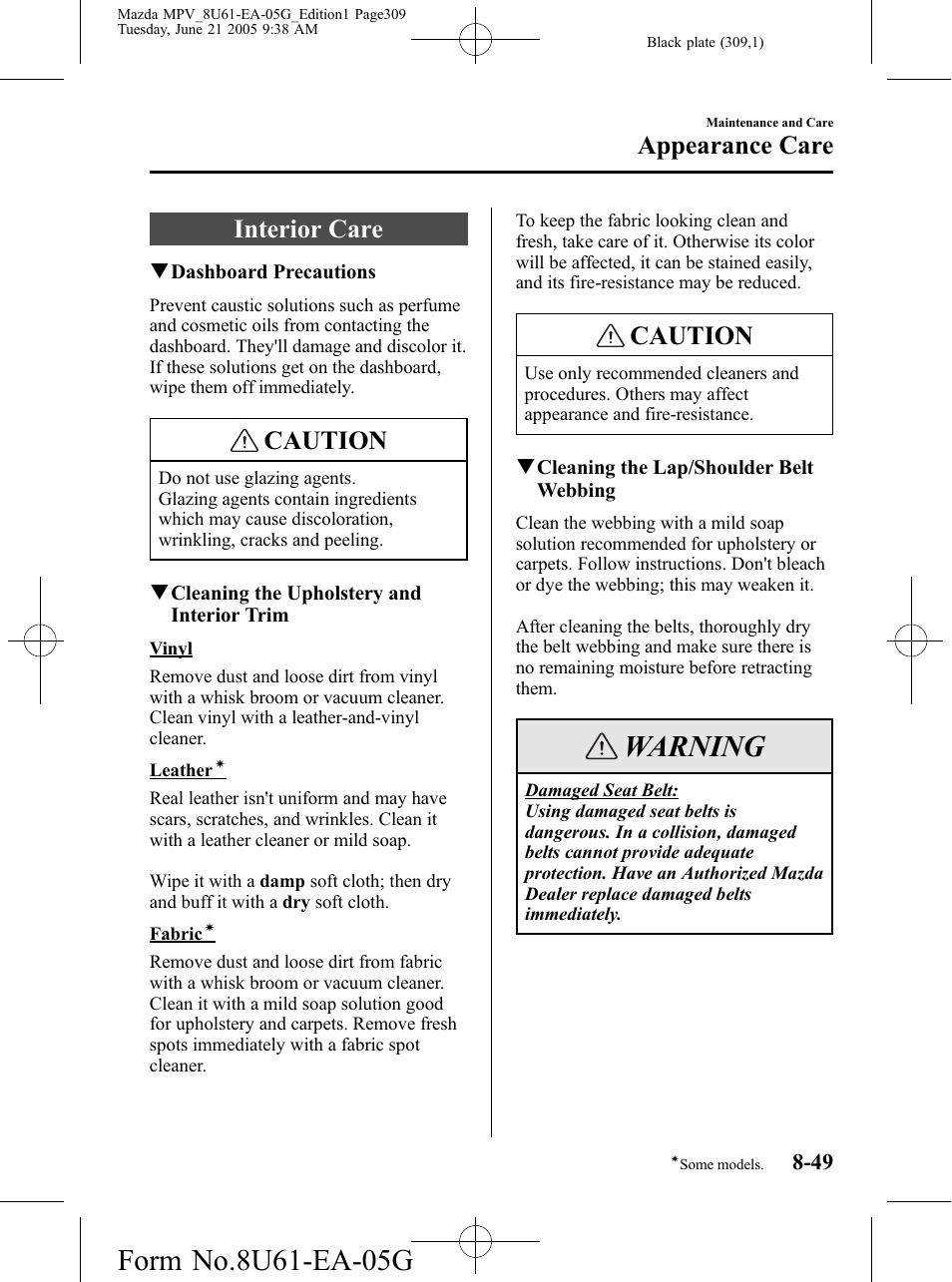 Interior care, Interior care -49, Warning | Caution, Appearance care | Mazda 2006 MPV User Manual | Page 309 / 364