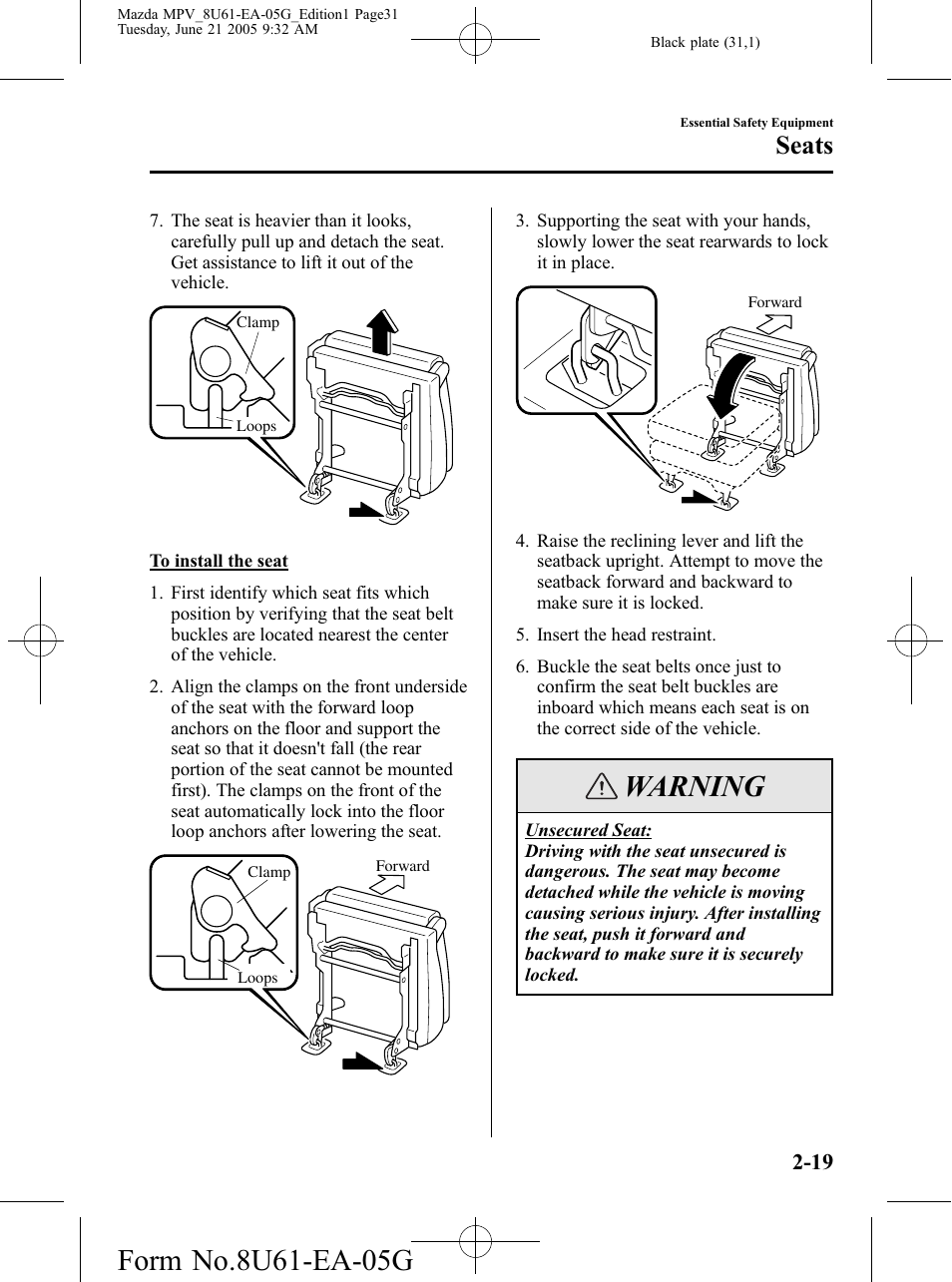 Warning, Seats | Mazda 2006 MPV User Manual | Page 31 / 364