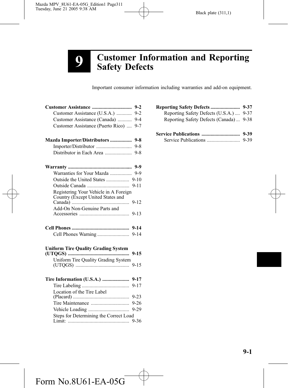 Customer information and reporting safety defects | Mazda 2006 MPV User Manual | Page 311 / 364