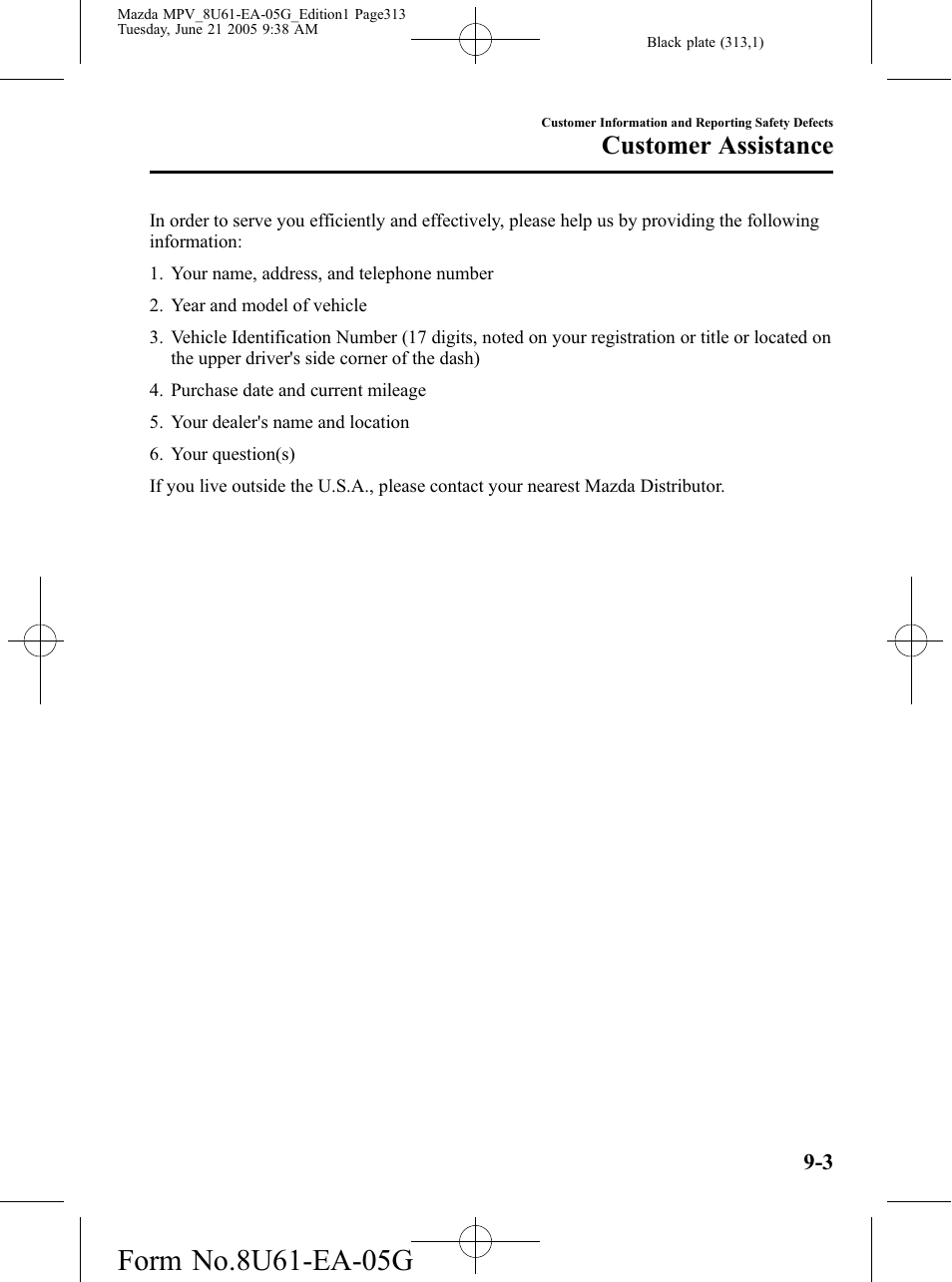 Customer assistance | Mazda 2006 MPV User Manual | Page 313 / 364