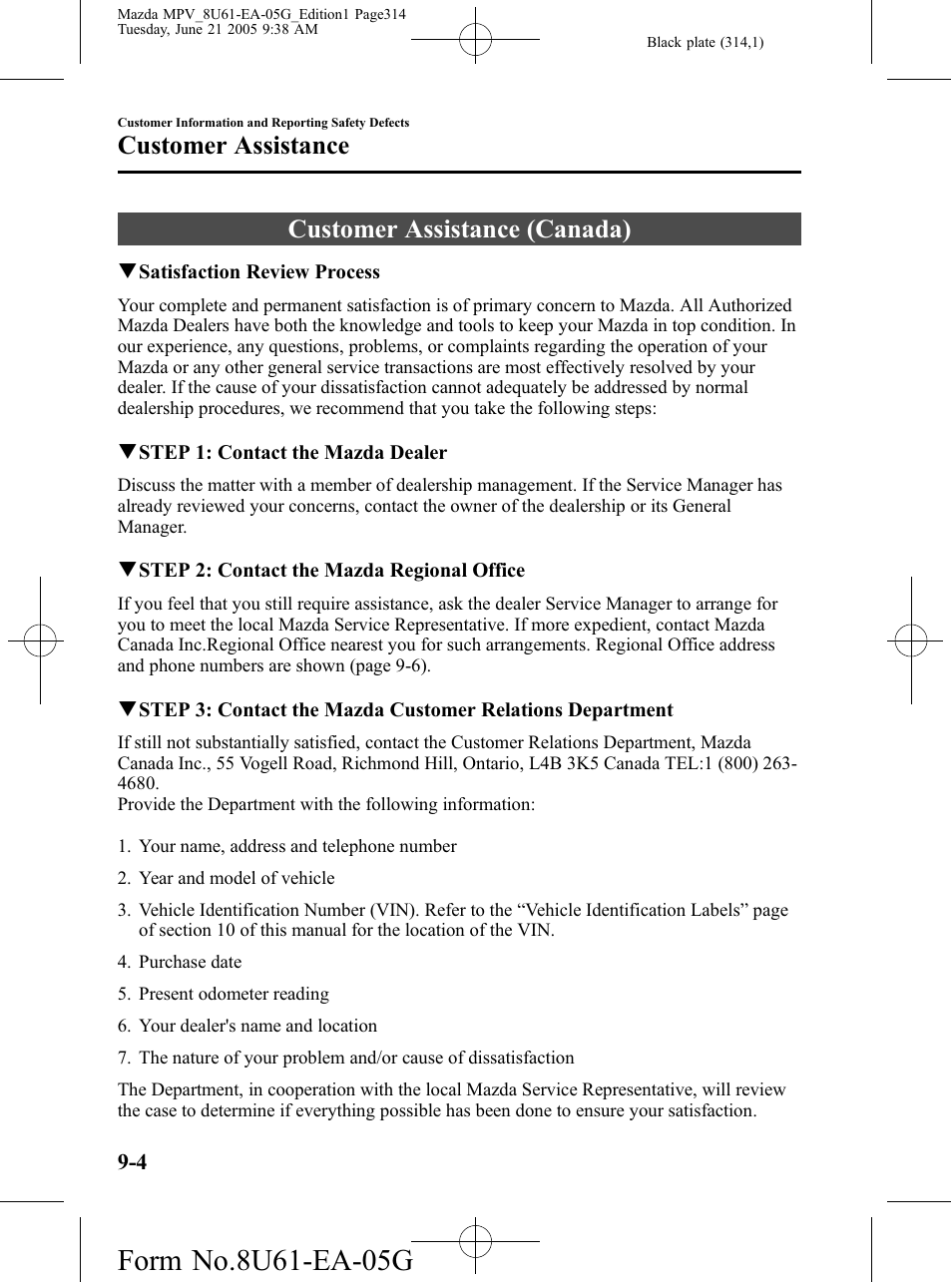 Customer assistance (canada), Customer assistance (canada) -4, Customer assistance | Mazda 2006 MPV User Manual | Page 314 / 364