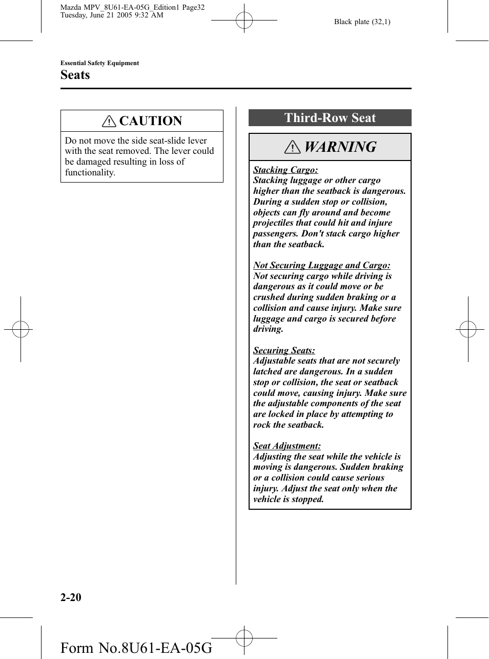 Third-row seat, Third-row seat -20, Warning | Caution, Seats | Mazda 2006 MPV User Manual | Page 32 / 364