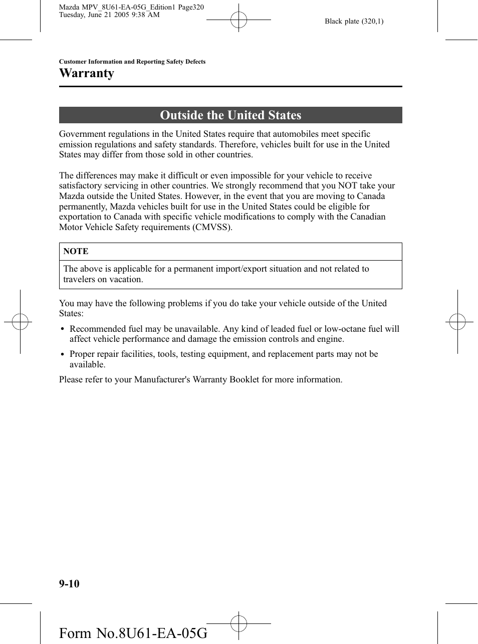 Outside the united states, Outside the united states -10, Warranty | Mazda 2006 MPV User Manual | Page 320 / 364