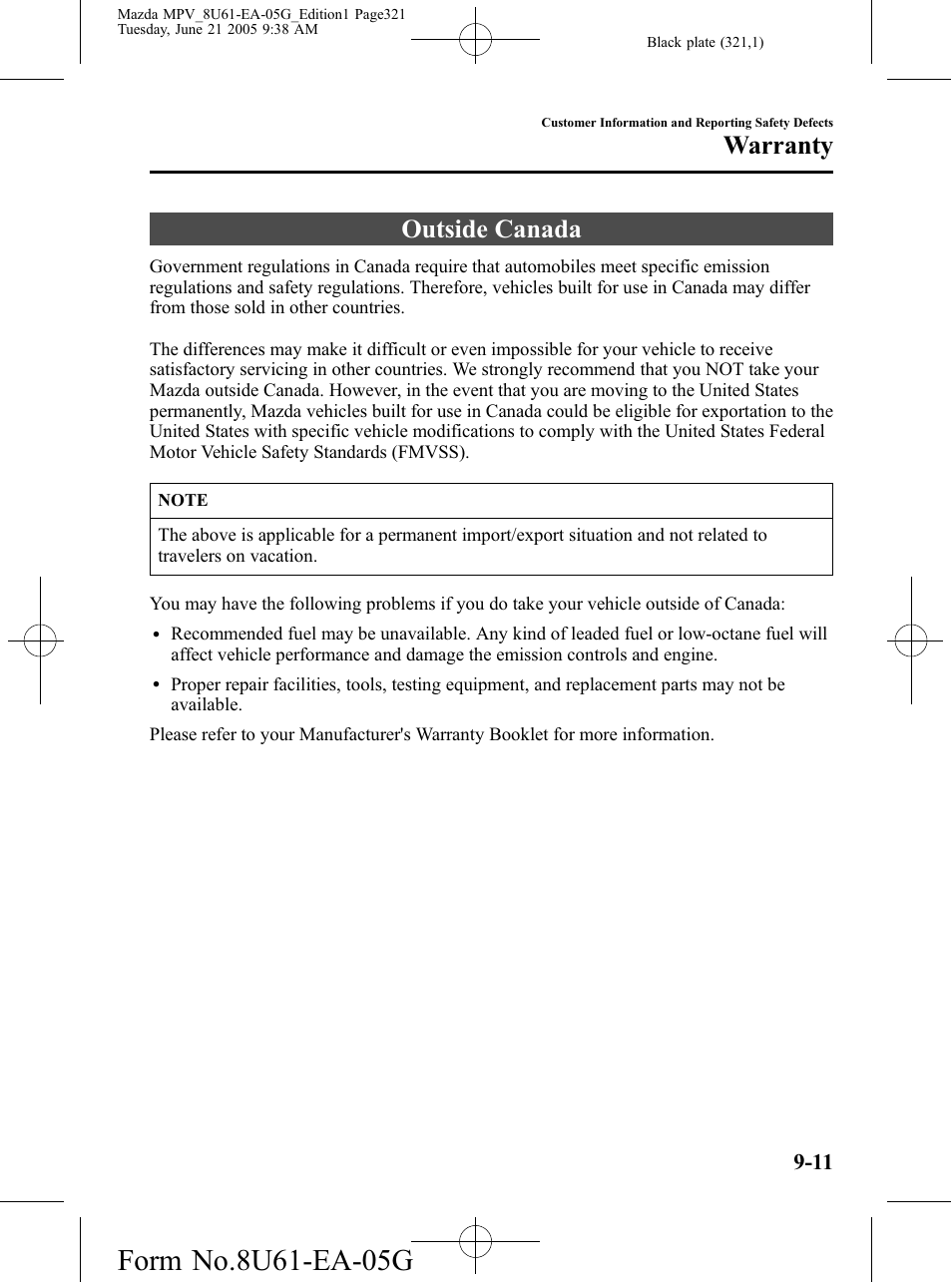 Outside canada, Outside canada -11, Warranty | Mazda 2006 MPV User Manual | Page 321 / 364