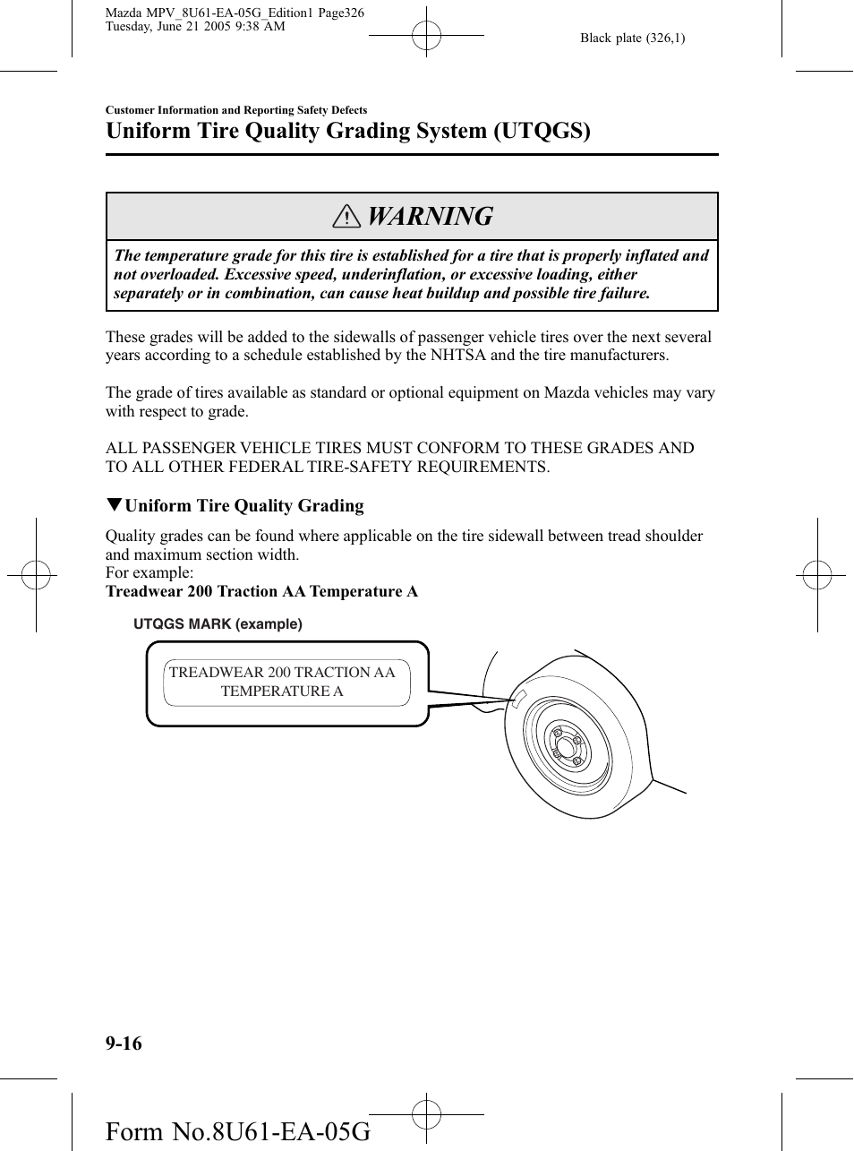 Warning, Uniform tire quality grading system (utqgs) | Mazda 2006 MPV User Manual | Page 326 / 364