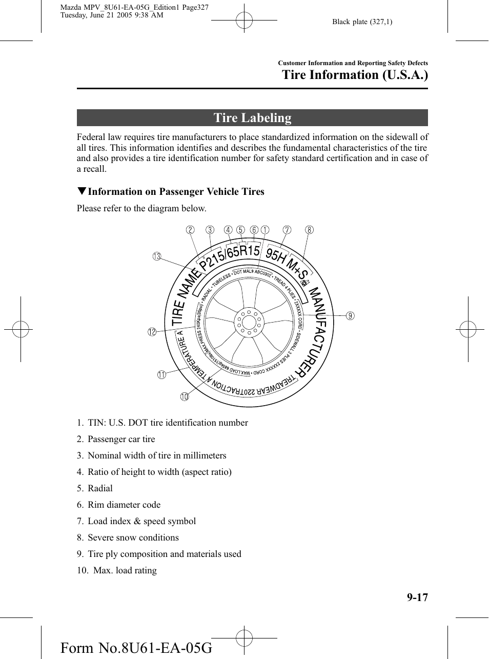 Tire information (u.s.a.), Tire labeling, Tire information (u.s.a.) -17 | Tire labeling -17 | Mazda 2006 MPV User Manual | Page 327 / 364