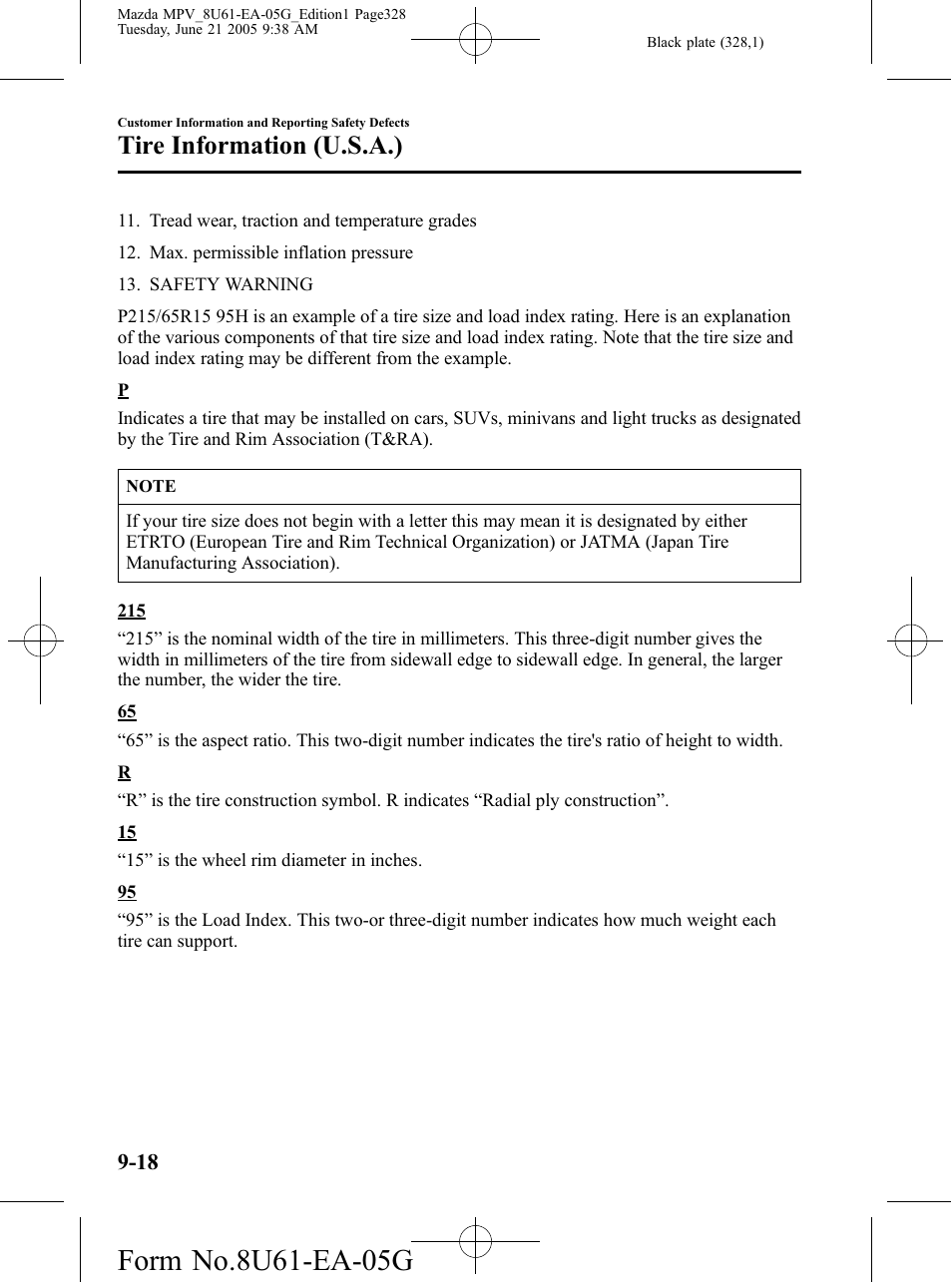 Tire information (u.s.a.) | Mazda 2006 MPV User Manual | Page 328 / 364