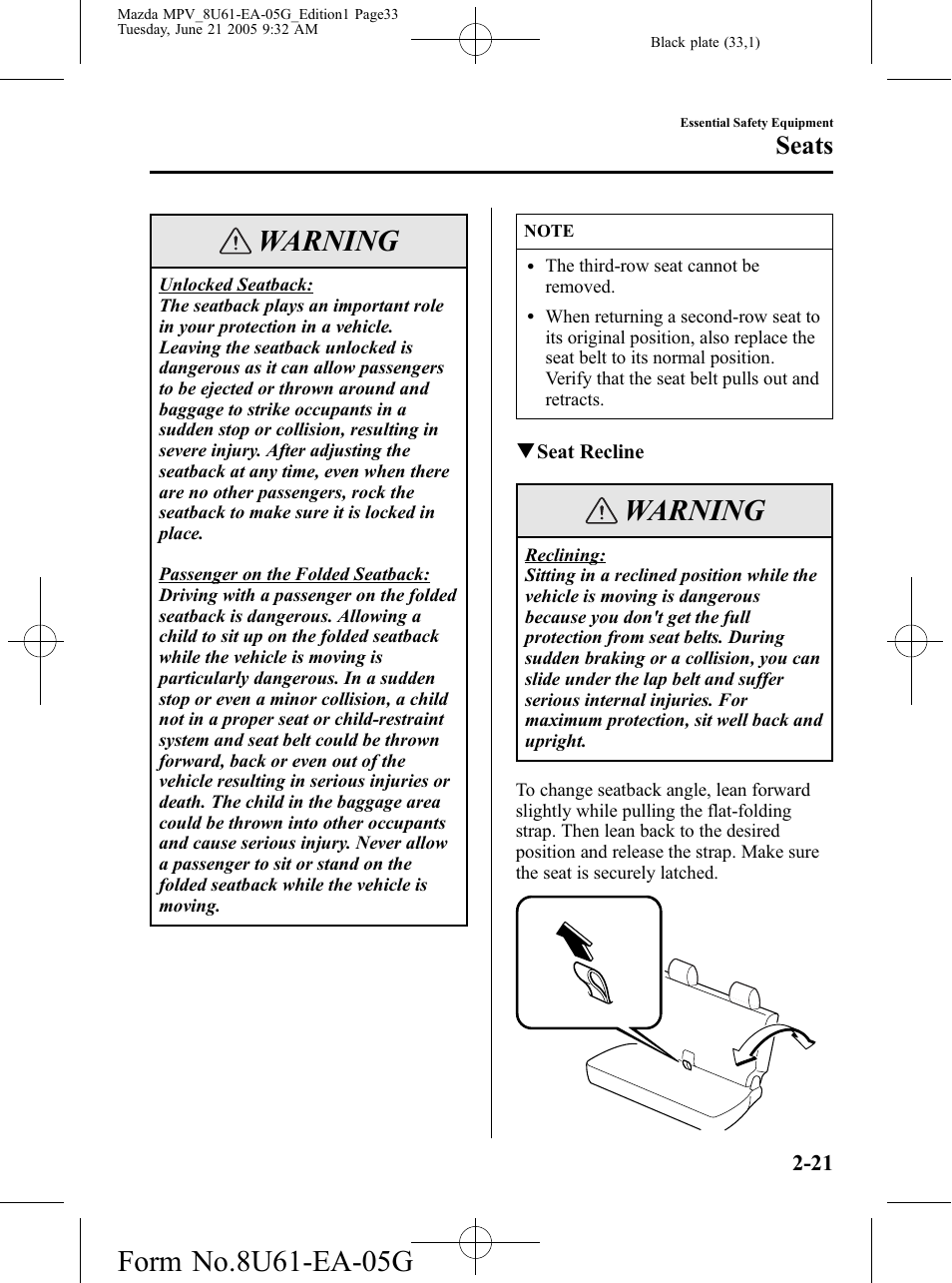 Warning, Seats | Mazda 2006 MPV User Manual | Page 33 / 364